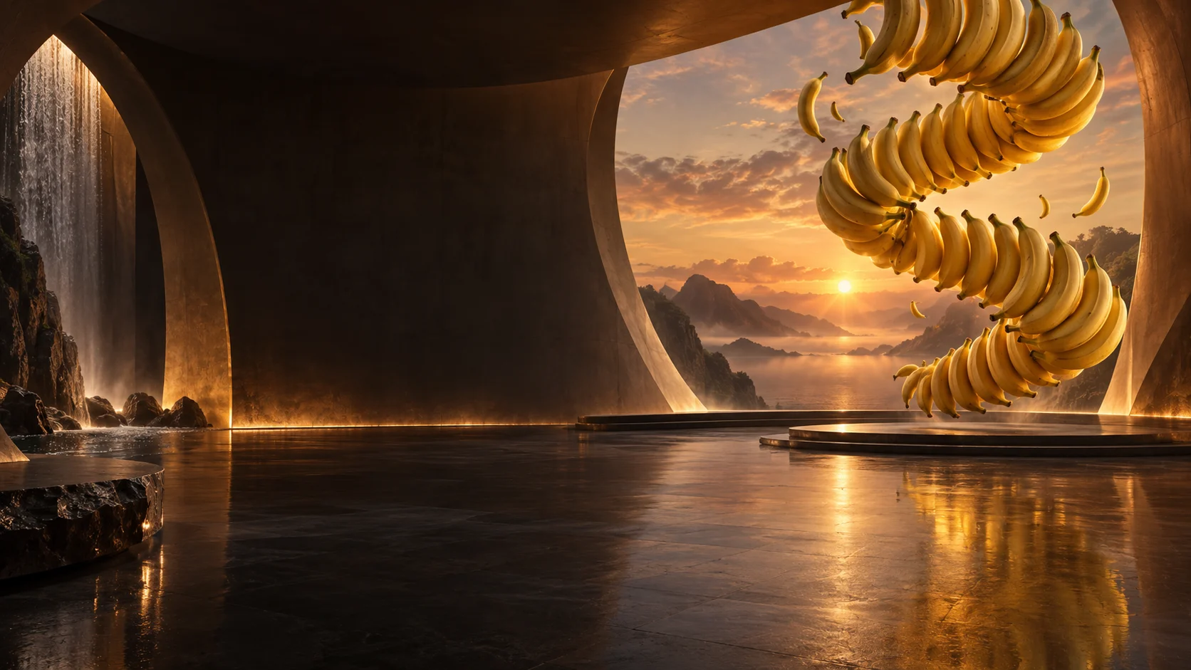 Nano Banana 2.1 — a floating golden banana sculpture at sunset